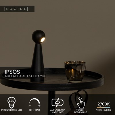 Lucide IPSOS - wiederaufladbare Tischlampe - Akku/Batterie - LED Dim. - 1x3W 2700K - Schwarz